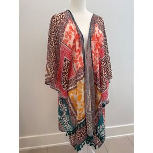 Umgee Boho Patchwork Leopard‎ Paisley Tassel Trim Kimono Wrap Cover Up M/L